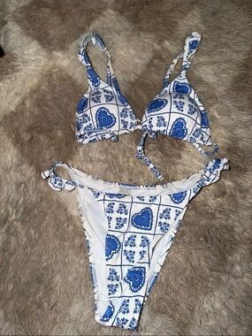 White Bikini Set with Blue Tile Print